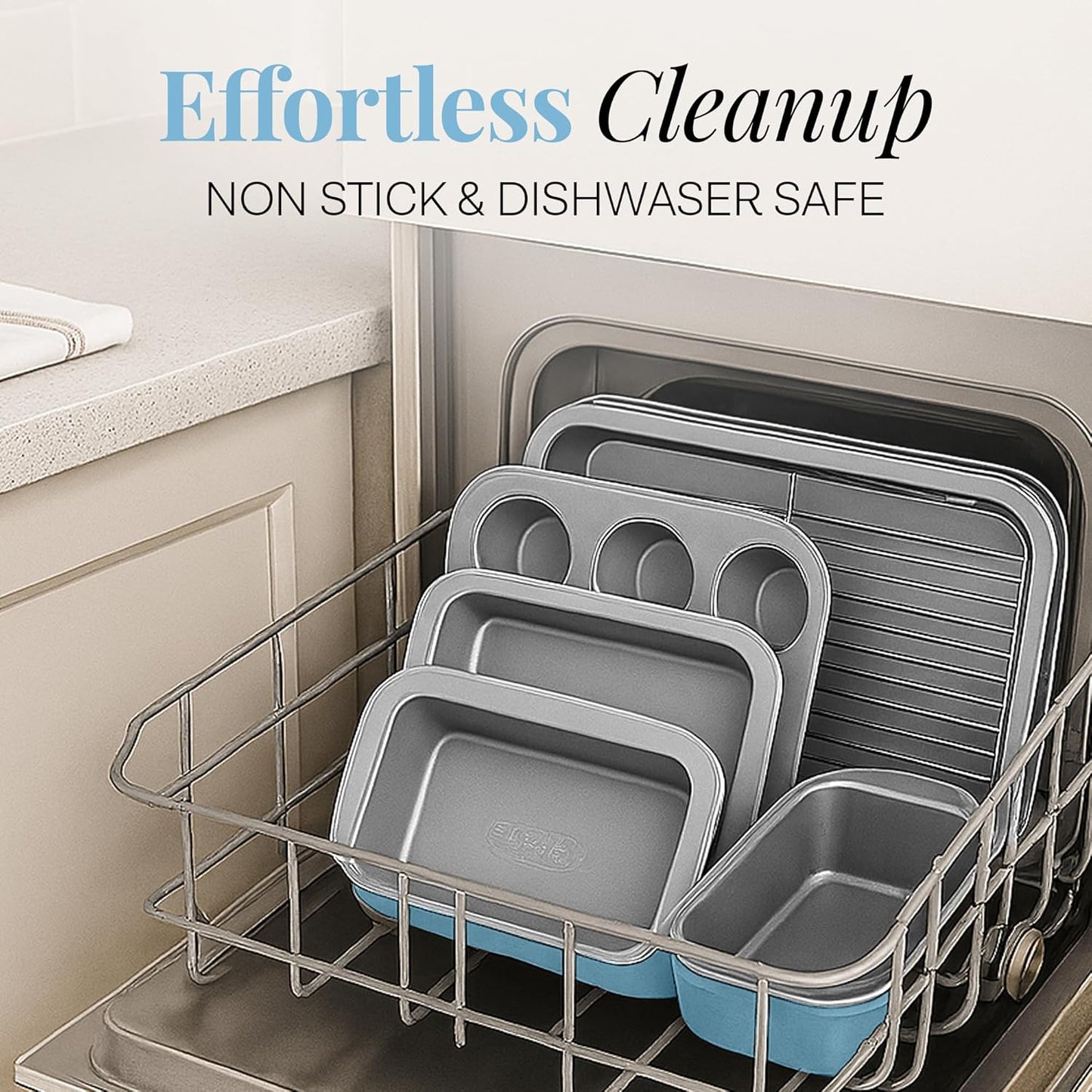 Gotham Steel 6 Pc Stackable Baking Pans Set, 70% Space Saving Design, Ceramic Bakeware Sets Non Toxic Made Without PFOA PFOS, with Baking Sheet Tray, Cake & Muffin Pans, Oven & Dishwasher Safe