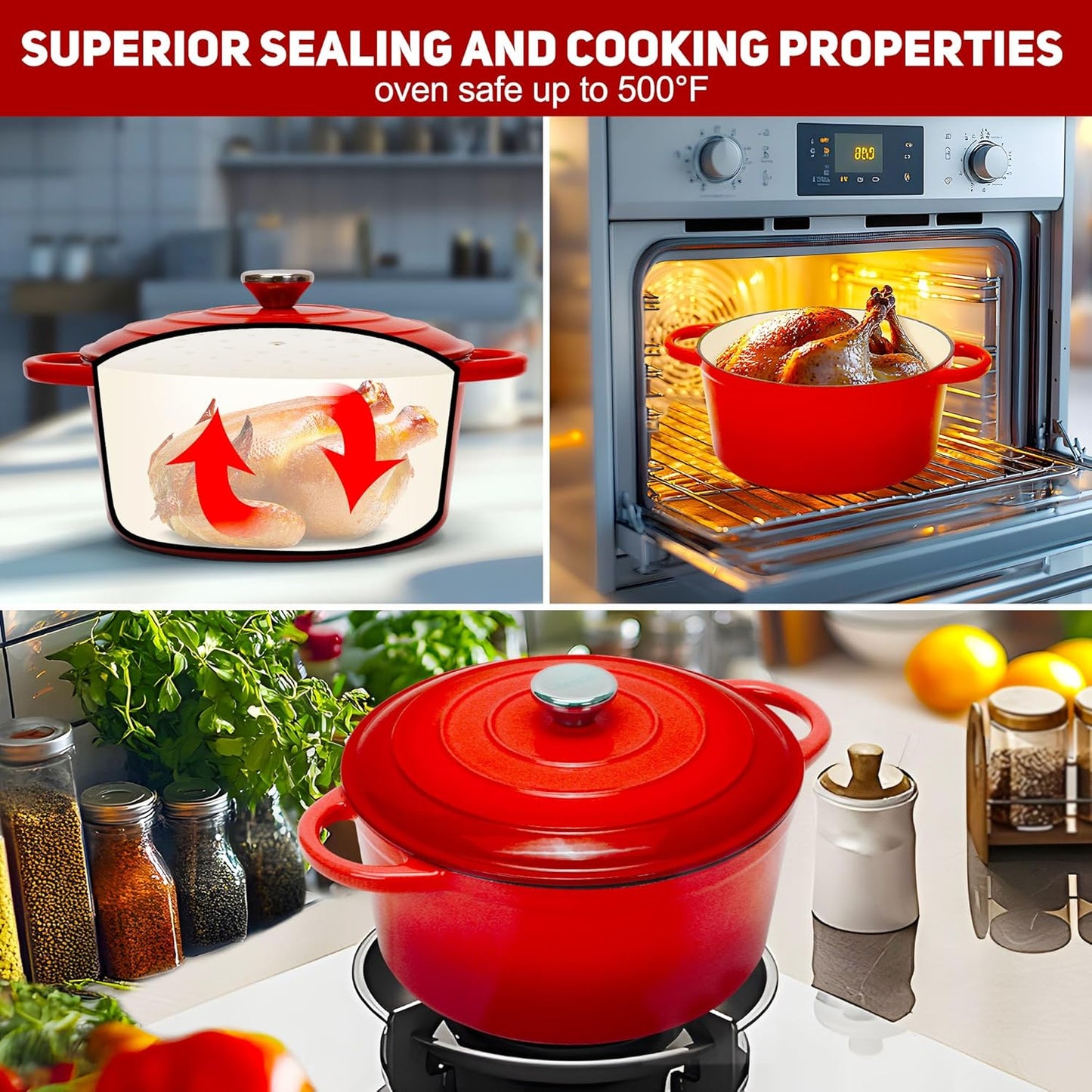 5QT Enameled Cast Iron Bread Oven with Proofing Basket for Bread Baking, Bread Making Supplies Tools,Heavy-Duty Cookware for Braising, Stews, Roasting, Bread Baking (Red)