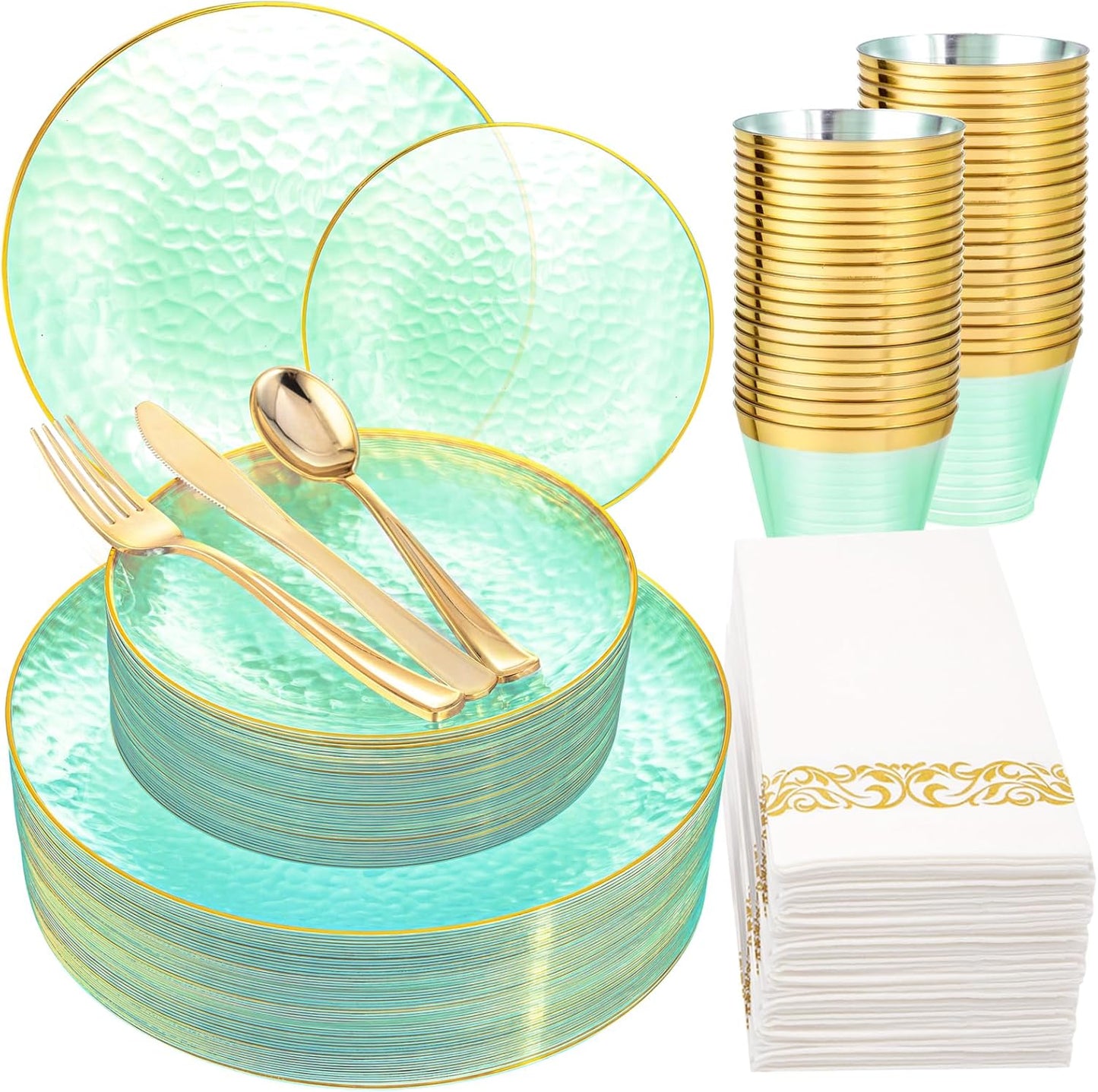 DaYammi 350 Pcs Clear Green Gold Plastic Plates, Hammered Disposable Dinnerware, Clear Green Plates Set Include 100 Plastic Platos, 150 Gold Disposable Silverware, 50 Cups And 50 Napkins for Party