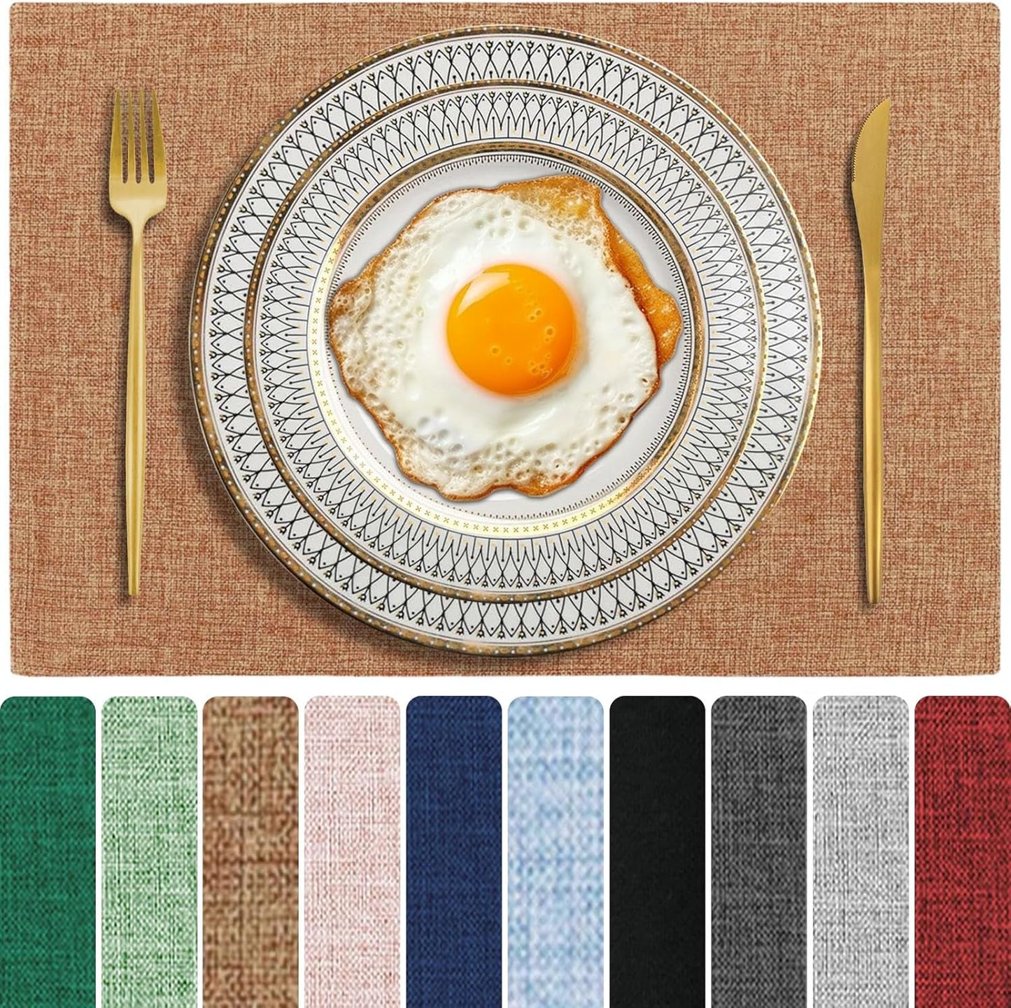 Cloth Placemats Set of 4, Cotton Linen Blend Machine Washable Double Layered Place Mats, Heat Resistant Placemats Wrinkle Free Thick Fabric Dining Table Mats for Indoors & Outdoors (Flaxen, 4)