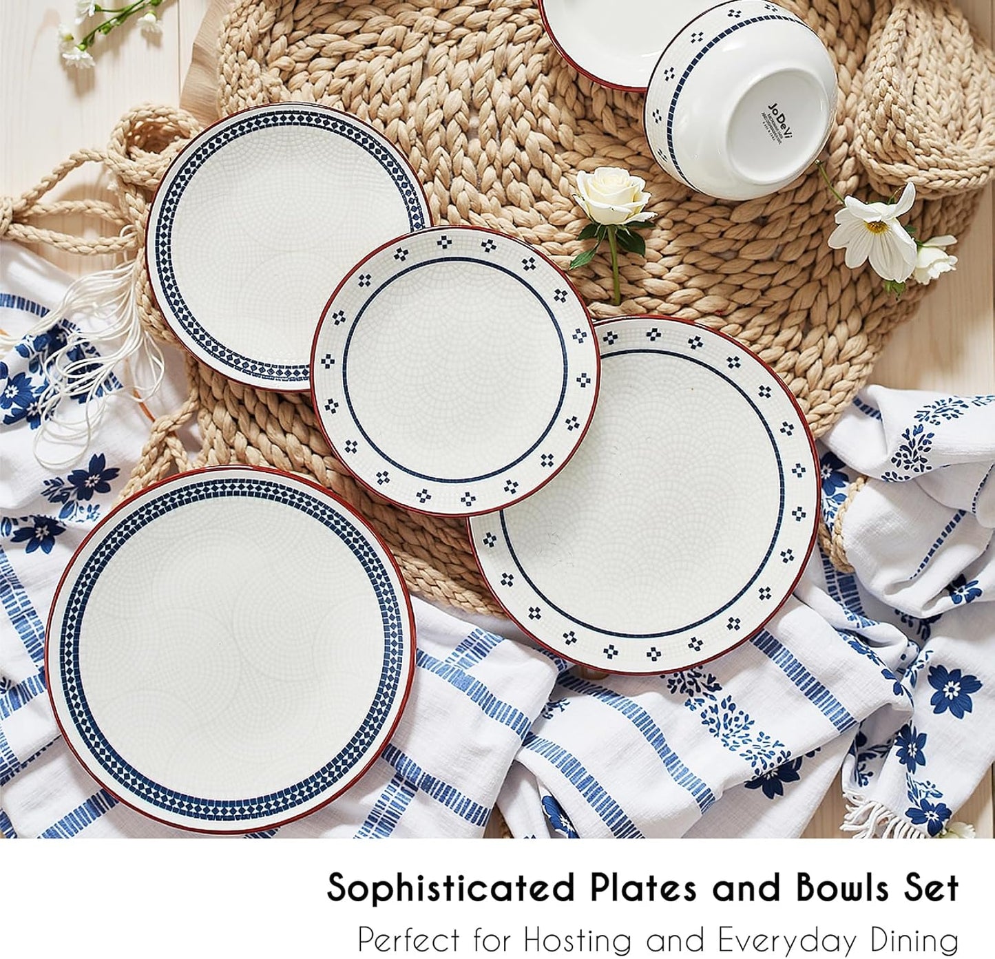 12-Piece Stoneware Dinnerware Set for 4, Geometric Vintage Plates & Bowls, Scratch-resistant Dishwasher & Microwave Safe Dishware, Modern Tableware Service for Everyday Use or Entertaining