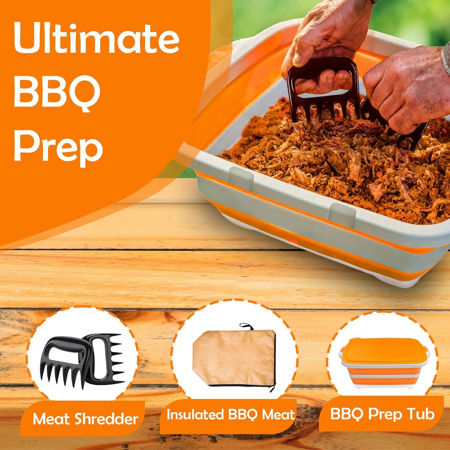 3 in 1 BBQ Prep Tub Set, XL 8L Collapsible Cutting Board Tub & Food Container with Lid, Includes 2 Meat Shredder Claws, Resting Blanket & Carry Bag, Ideal Grilling Tub for Camping & Outdoor Cooking