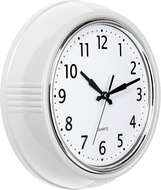 Bernhard Products Retro Wall Clock 9.5 Inch White Kitchen 50's Vintage Design Round Silent Non-Ticking Quality Quartz Clock for Home Office Nursery Bathroom Classroom Easy to Read (White)