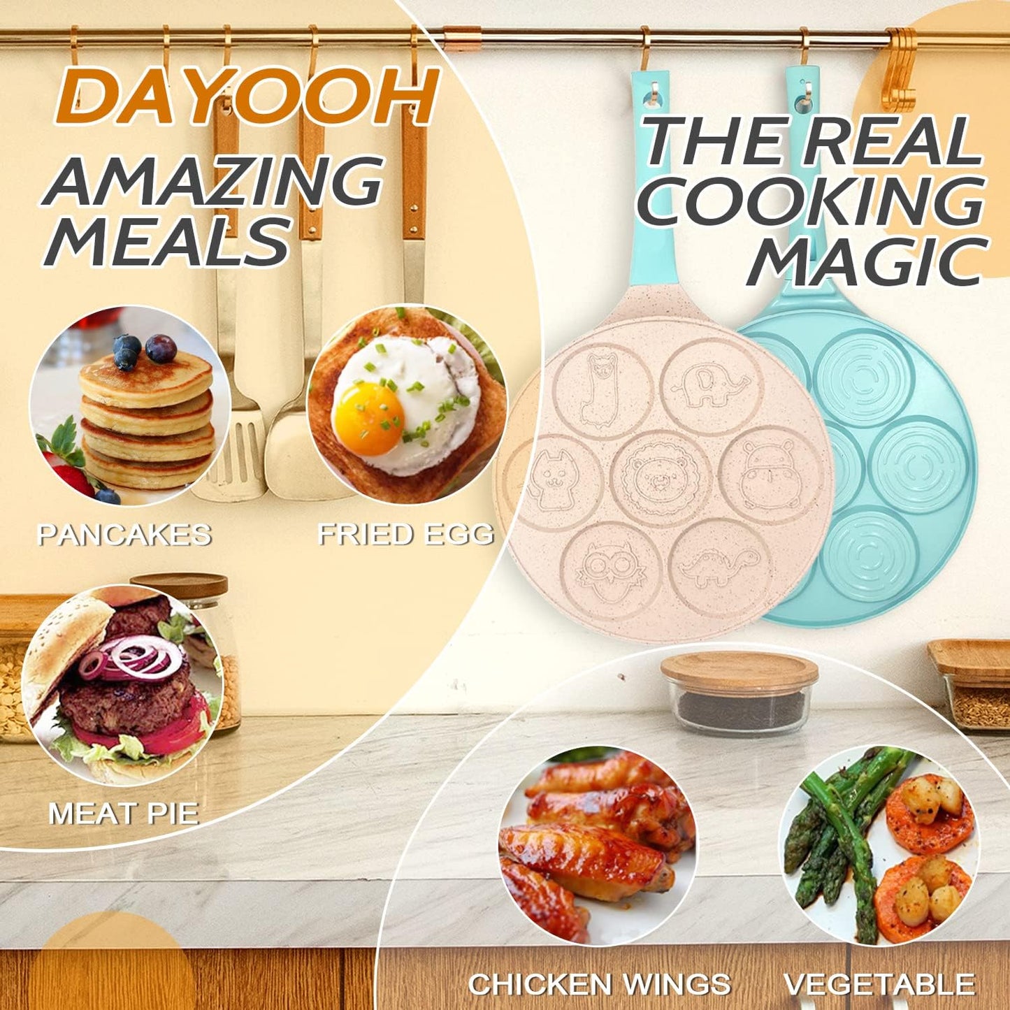 Nonstick Pan, Egg Waffle Maker Breakfast Silver Dollar Pancake, Griddle, Crepe Maker 7 Animal Molds for Kids Omelette Skillet