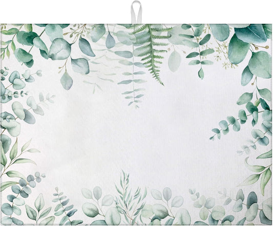 Sage Eucalyptus Dish Drying Mat for Kitchen Counter Spring Summer Drying Pad Absorbent Reversible Dish Drainer Rack Mats Draining Pad 18"x24"Inch