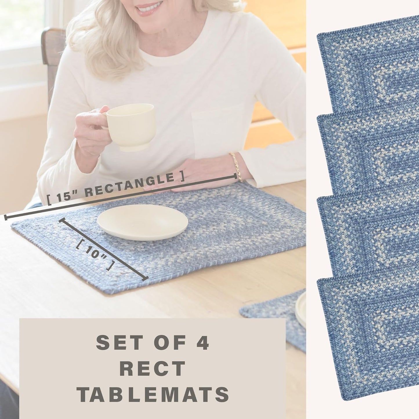 Homespice Denim Premium Jute Braided Placemat Set of 4-10x15 Rectangular Blue, Navy, White Reversible, Natural Jute Yarn Rustic, Country, Primitive, Farmhouse Style