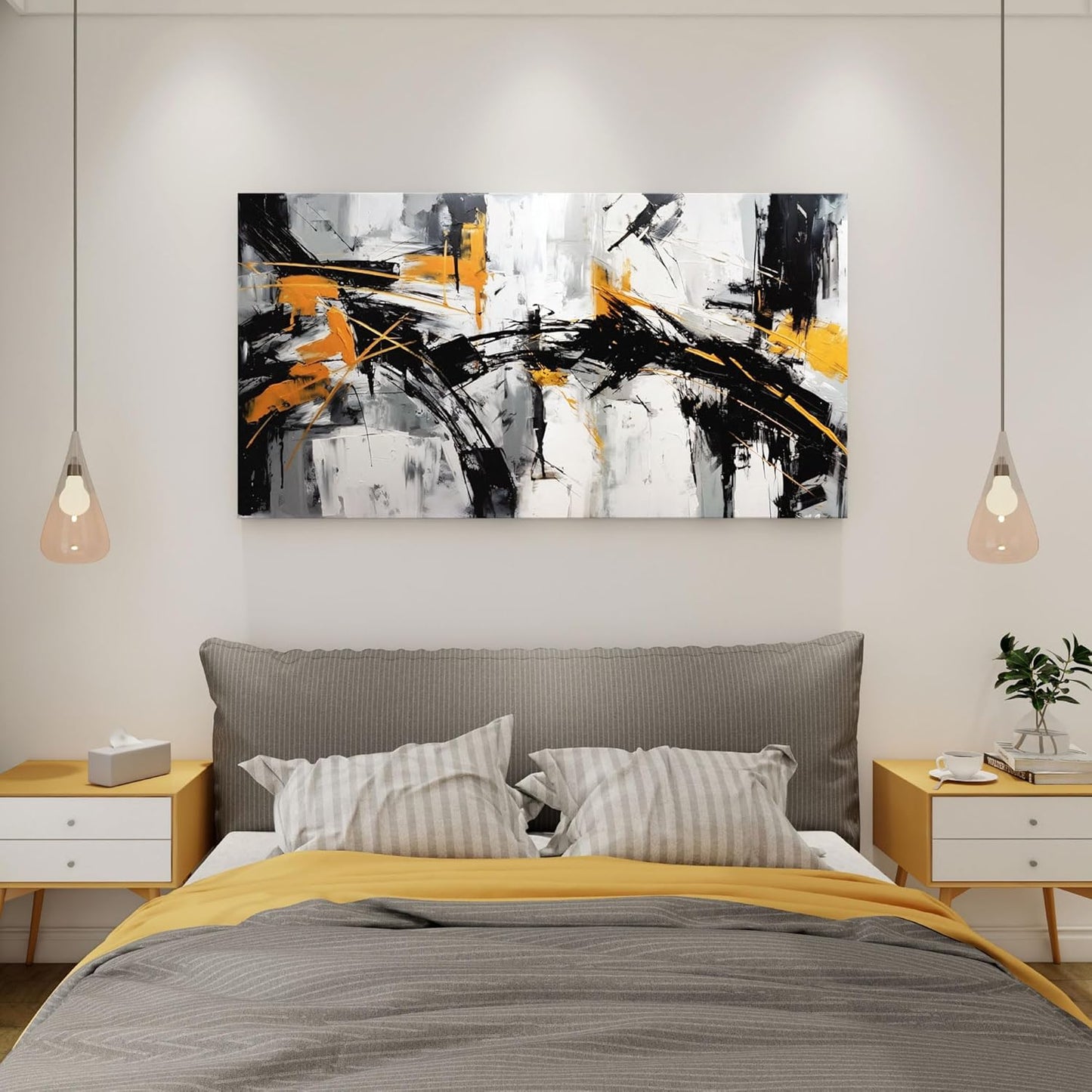 Black Abstract Canvas Wall Art Elegant and Modern Orange Wall Art for Living Room - Canvas Wall Decor for Office and Home - Large Framed Artwork for Walls , White, Gray and Unique Orange Accents 48×24in