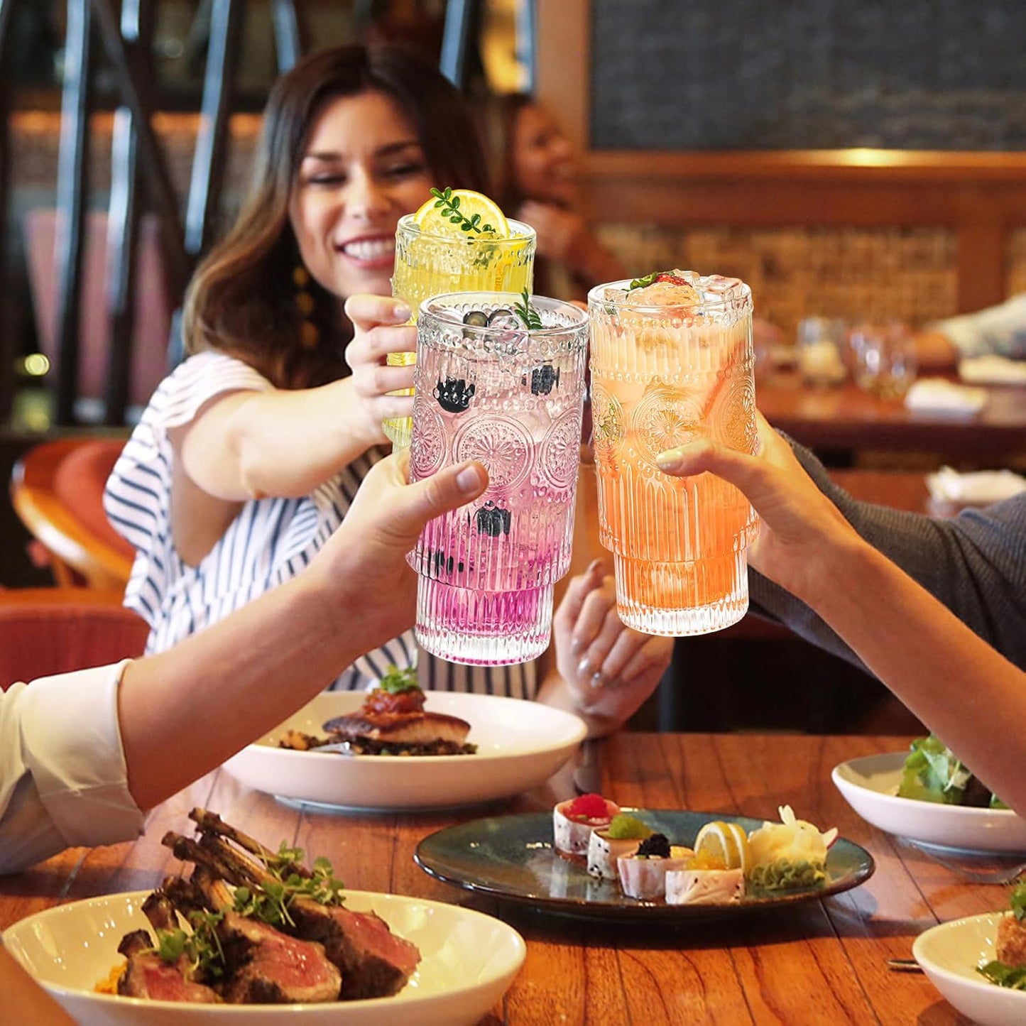 4 Pack Large 16oz Ribbed Glassware Set, Flower Design Stackable Glass Cups, Vintage Textured Clear Striped Drinking Glasses Set, for Bar Beverages,Juice,Water,Cocktail,Iced Coffee
