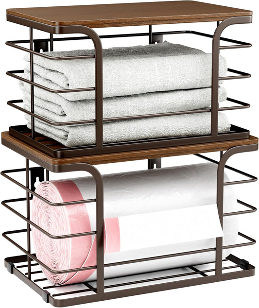 2 Pack Extra Large Pantry Baskets with Bamboo Top,Stainless Steel Trash Bag Dispenser for Kitchen Sink and Laundry Room Organization,Brown