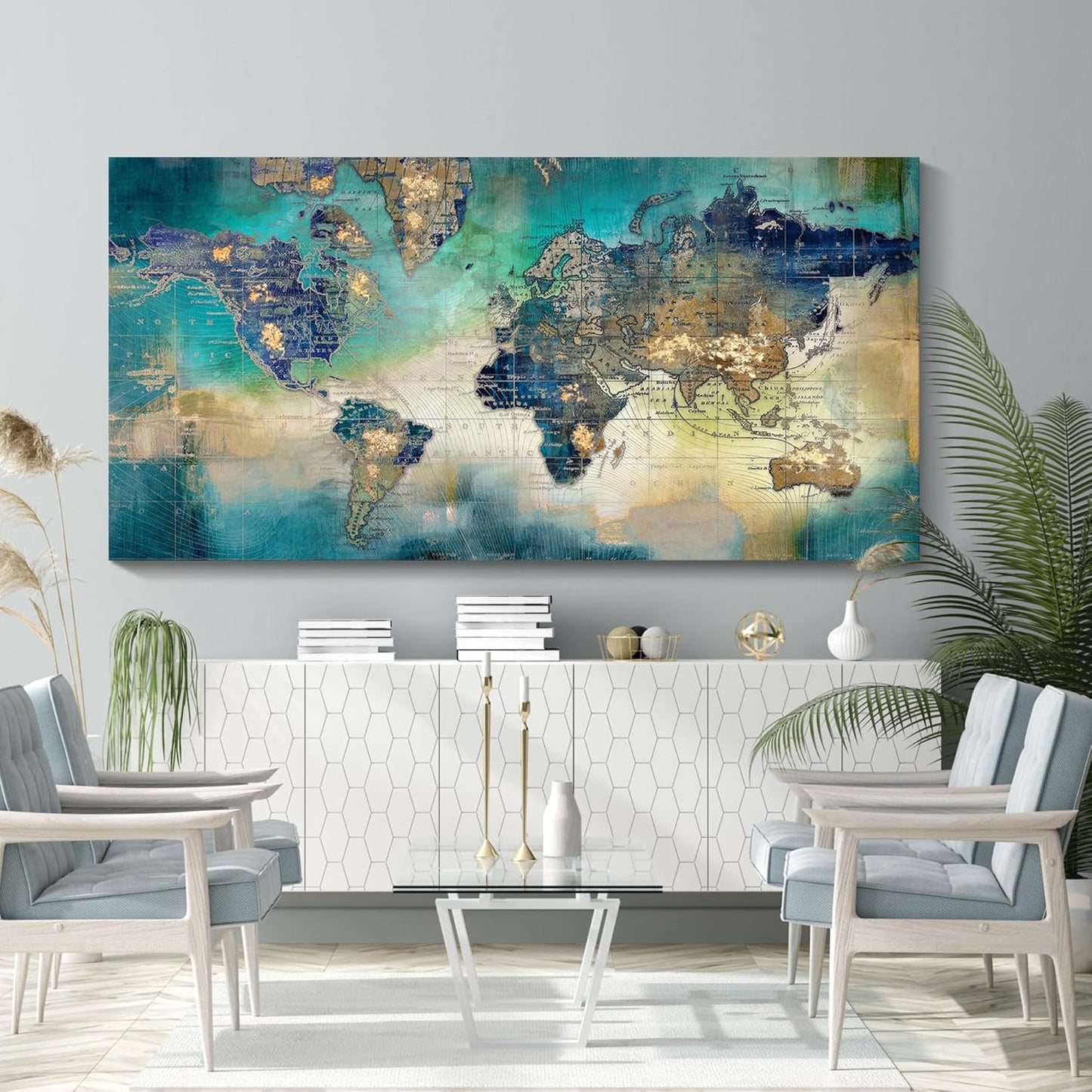 Large World Map Canvas Prints Wall Art for Living Room Office 30x60 Green World Map Picture Artwork Decor for Home Decoration
