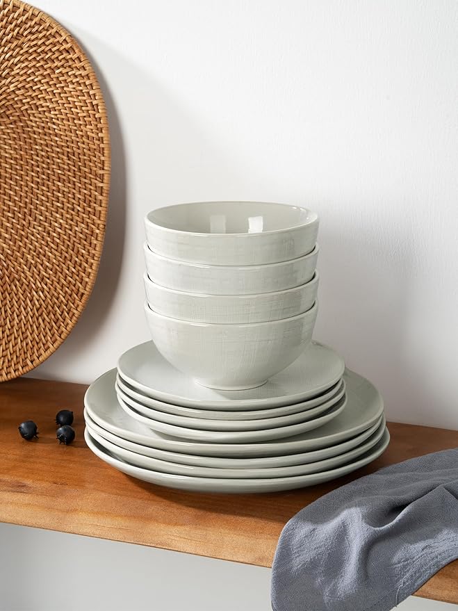 Famiware Moonlight Plates and Bowls Sets, 12 Pieces Stoneware Dinnerware Sets with Linen Finish, Handmade Dishware Set for 4, Microwave and Dishwasher Safe, Chip and Scratch Resistant, White