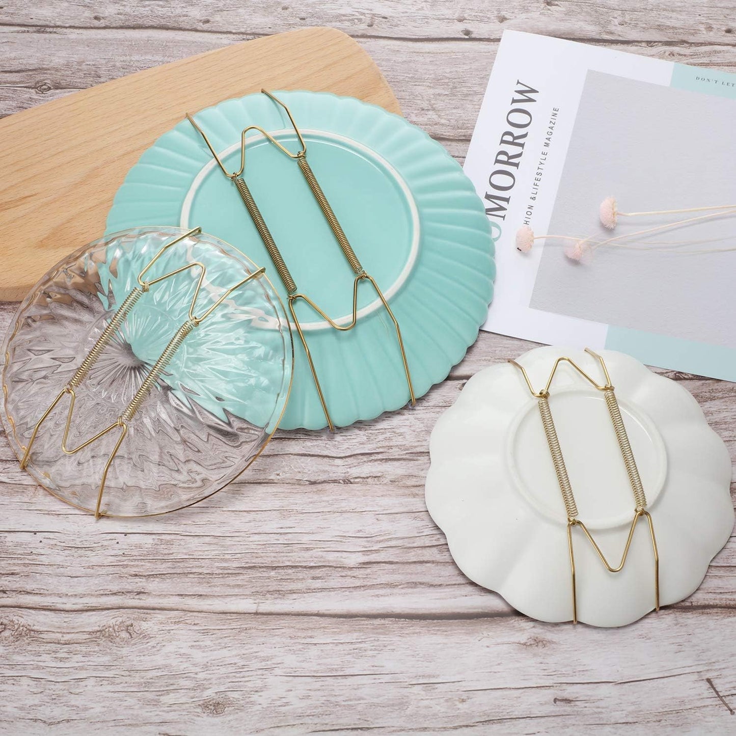 Hotop 12 Pieces Plate Hangers for Wall 8/12/14 Inch Stainless Steel Wire Invisible Plate Hangers Heavy Duty Display Holders with 12 Pieces Hooks for Wall Decorative(Gold)