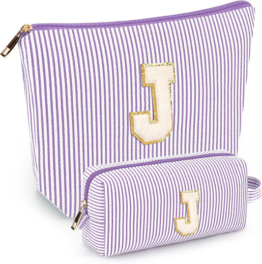 2 PCS Initial Makeup Bags for Women: Cosmetic Bag for Travel Toiletry - Birthday Gifts for 11 12 13 14 15 16 17 18 Years Old Girl Graduation Teacher Gift- Teen Girl Gifts Trendy Stuff - Purple J