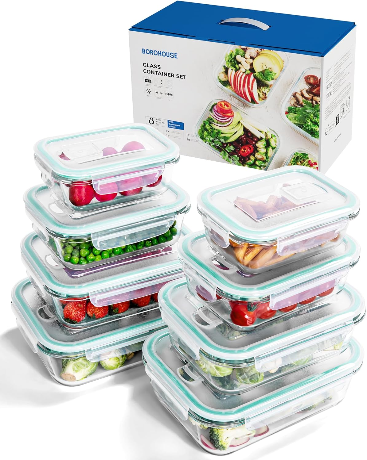 8-Piece Borosilicate Glass Food Storage Containers Set with Airtight Lids – Oven, Microwave & Freezer Safe, Leak-Proof, BPA-Free – Baking, Meal Prep & Gift Box