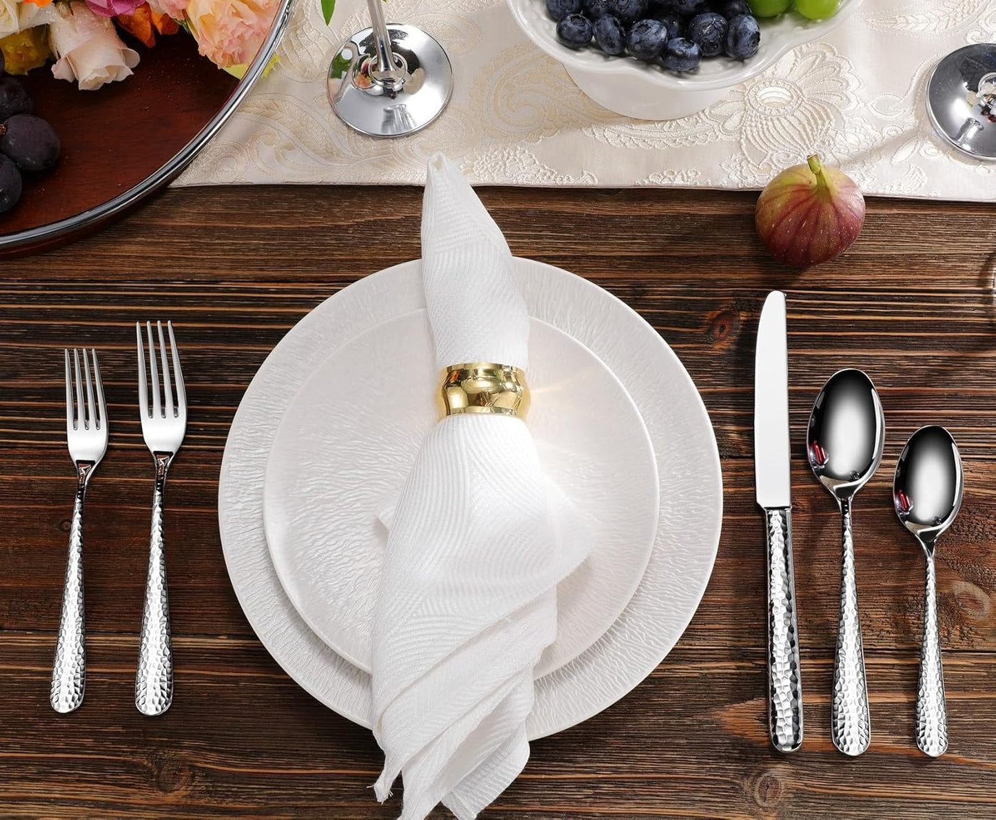 KEAWELL Premium 20/45/65 Piece Louise Hammered Silverware Set with Round Edge, 18/10 Stainless Steel, Service for 4/8/12, Fine Flatware Set, Dishwasher Safe (45)