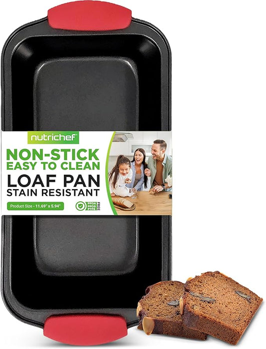 NutriChef Non-Stick Bread Loaf Pan - Premium Carbon Steel Banana Bread Pan w/Silicone Handles - PFOA, PFOS, PTFE-Free Quick-Release Nonstick Coating, Even Heat Distribution - Black, 8-Inch