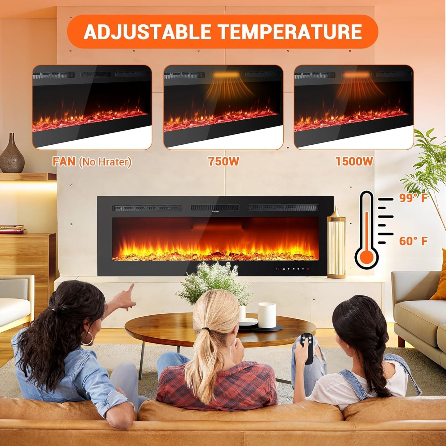 72-Inch Recessed Electric Fireplace, Wall Mounted, Remote Control, 12 Flame Colors, 750/1500W Heater, Multicolor, Log & Crystal, Black