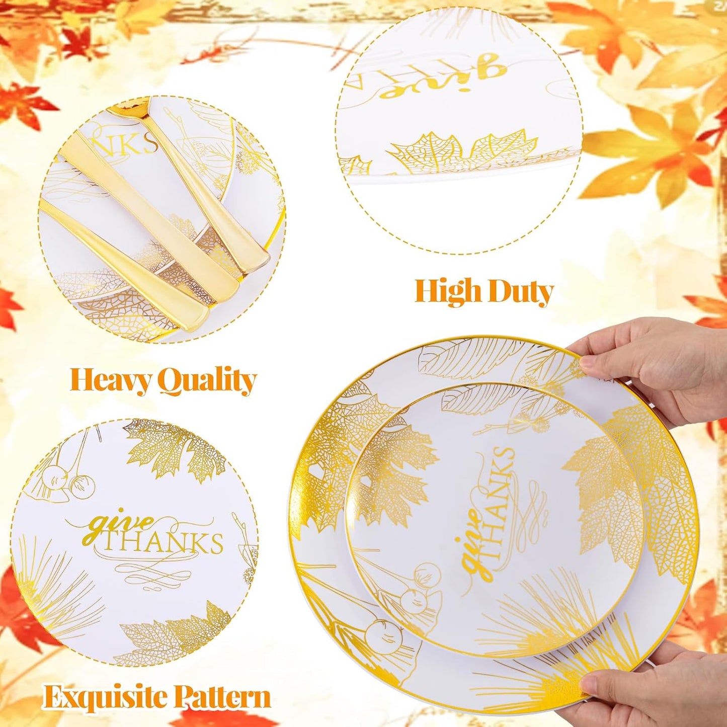 125PCS Thanksgiving Plastic Plates - Gold Disposable Dinnerware Sets - Thanksgiving Maple leaf Plates with Silverware for 25 Guests for Autumn Harvest Party Decor