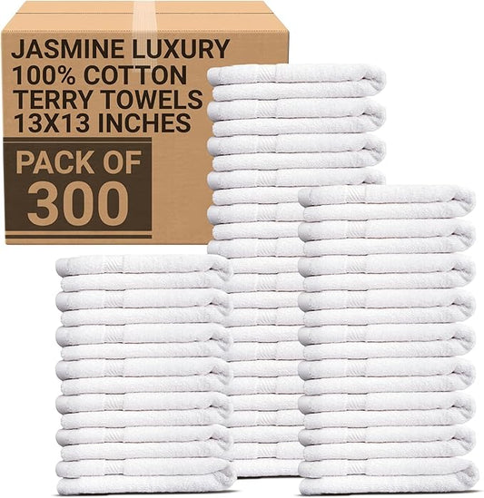300-Pack Economy Washcloths Bulk (13x13) – White 100% Cotton Face Cloths – Commercial-Grade Cleaning Rags – Soft, Absorbent & Quick-Dry Towels for Hotels, Spas, Gyms & Hospitality Use