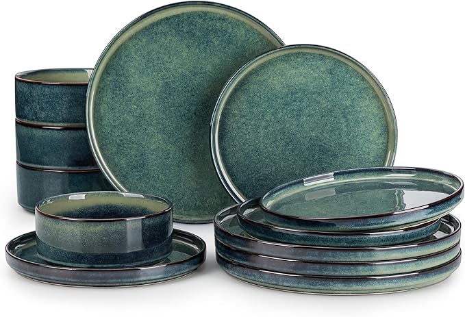 vancasso Starry Plates and Bowls Sets,12 Pieces Green Dinnerware Sets for Kitchen,Modern Stoneware Dishes Set for 4,Dishwasher and Microwave Safe