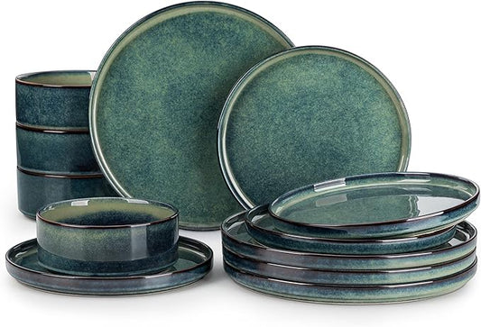 vancasso Starry Plates and Bowls Sets,12 Pieces Green Dinnerware Sets for Kitchen,Modern Stoneware Dishes Set for 4,Dishwasher and Microwave Safe