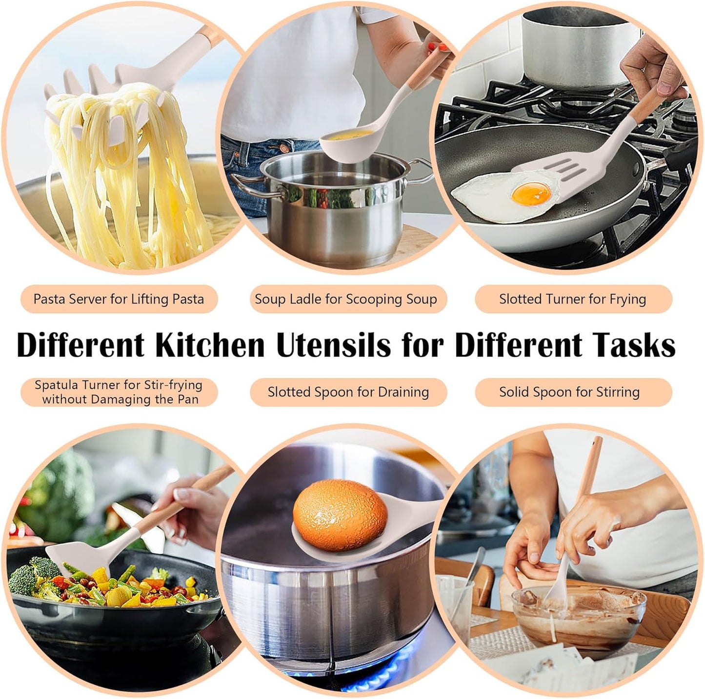 HaWare Kitchen Cooking Utensils Set, 23-Piece Silicone Kitchen Utensils Spatula Set with Holder, Heat Resistant Wooden Handle Kitchen Gadget for Nonstick Cookware, Food-grade Turner Spoon Sets (Khaki)