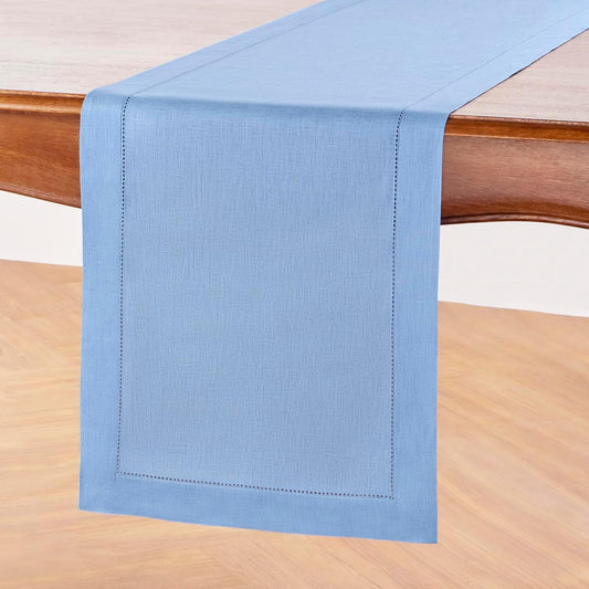 Solino Home Linen Cornflower Blue Table Runner 120 Inches Long - 100% Pure Linen Hemstitch 14 x 120 Inch Table Runner for Dining, Christmas, Holiday - Classic Hemstitch