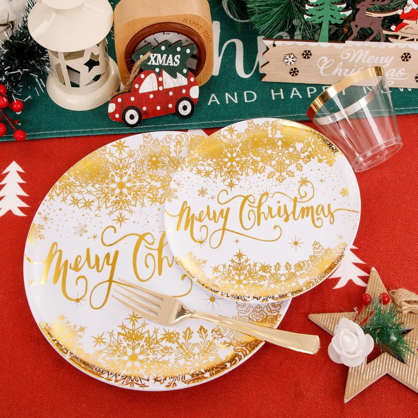 DaYammi 175Pcs Christmas Gold Plastic Dinnerware Set, 50Pcs Heavyduty Disposable Party Plates,Fancy Snowflake Design, 75Pcs Gold Plastic Cutlery,25Pcs 9oz gold Cups,25Pcs Napkins Perfect for Christmas