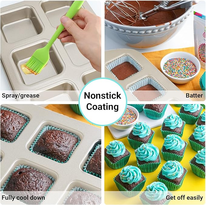 Beasea Brownie Pan, 1 Pack 6 Cavity Gold Nonstick Square Mini Brownie Muffin Cake Pan Cheesecake Cupcake Bakeware Carbon Steel Brownie Baking Tray 2x3 Individual Cutter Bakeware for Oven Baking