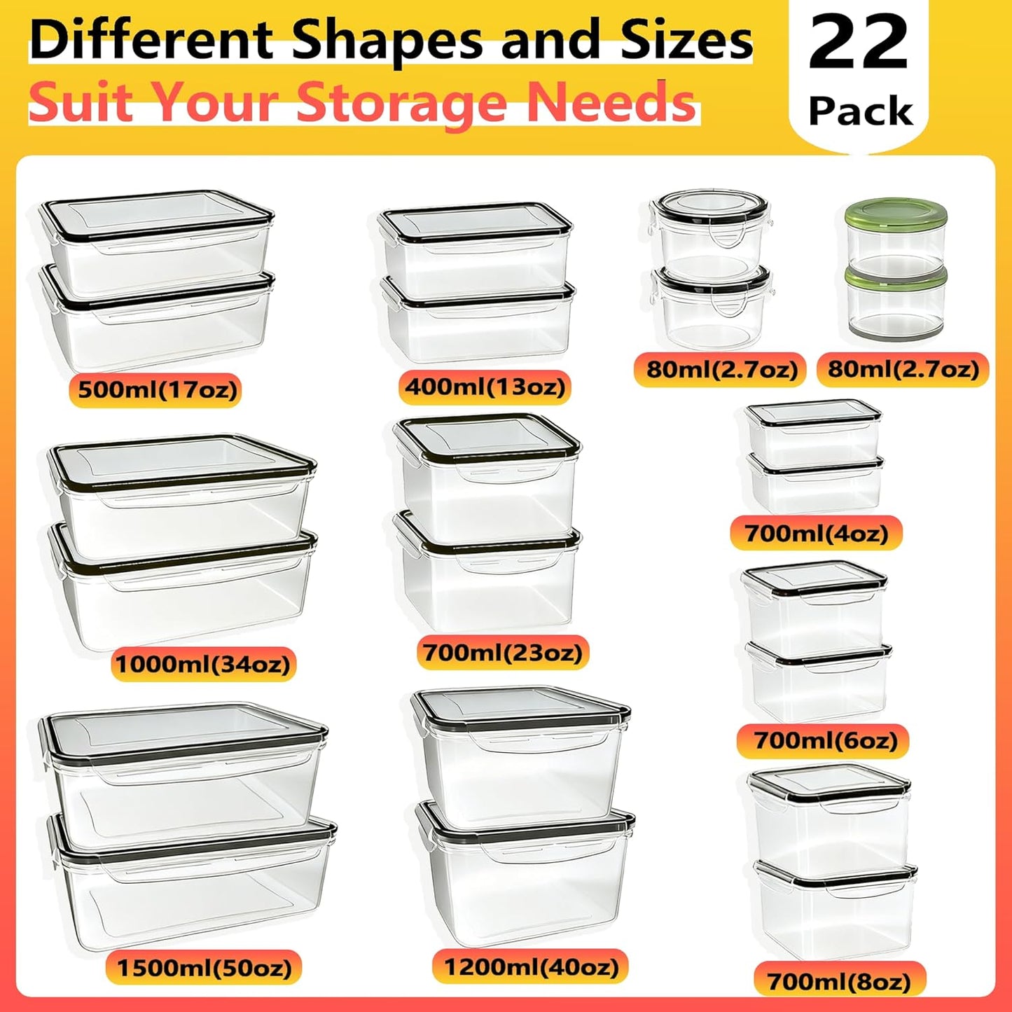 44 PCS Plastic Food Storage Containers with Lids Airtight, BPA-Free Leakproof Meal Prep Containers Reusable,Microwave & Dishwasher & Freezer Safe,Includes Labels & Pen