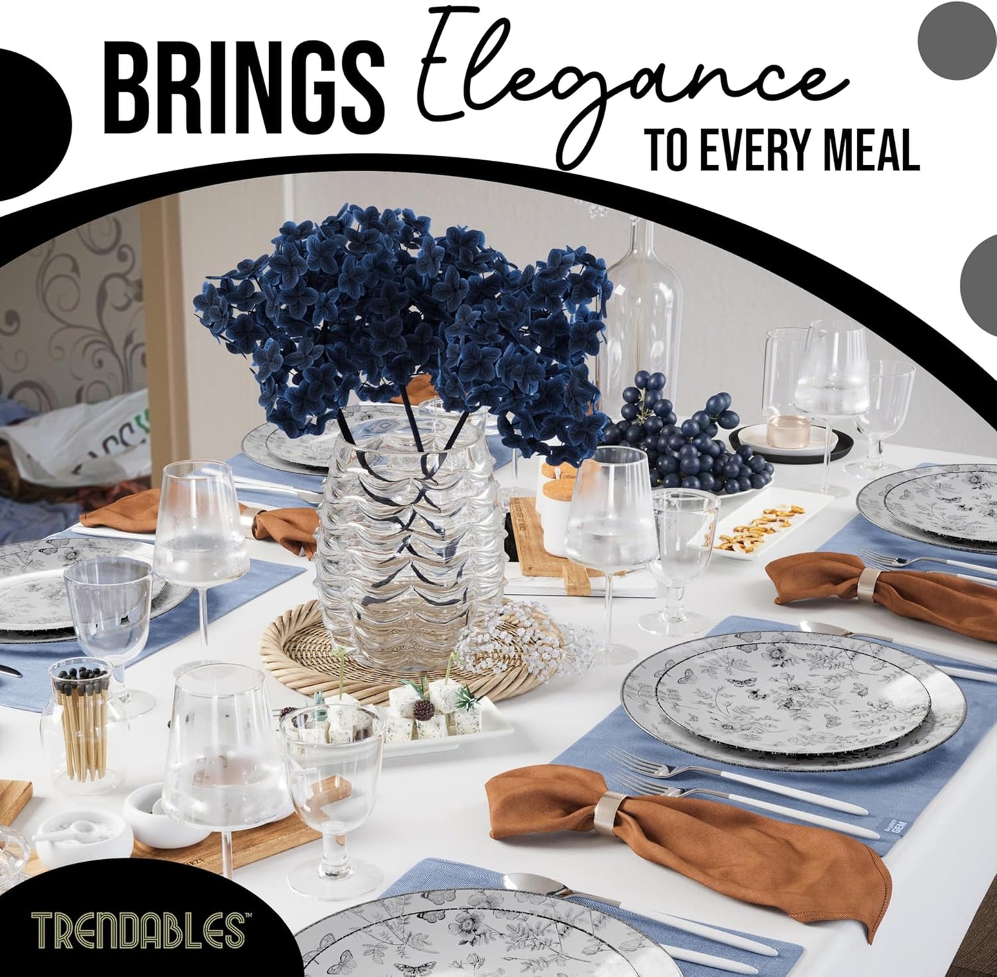 Trendables Disposable Plates For Party Supplies | Black Floral Plastic Plates For Wedding 40 Pcs - 20 X 8" & 20 X 10" Dinner Plate Sets | Floral Plate Set Disposable Plastic Dinnerware Sets