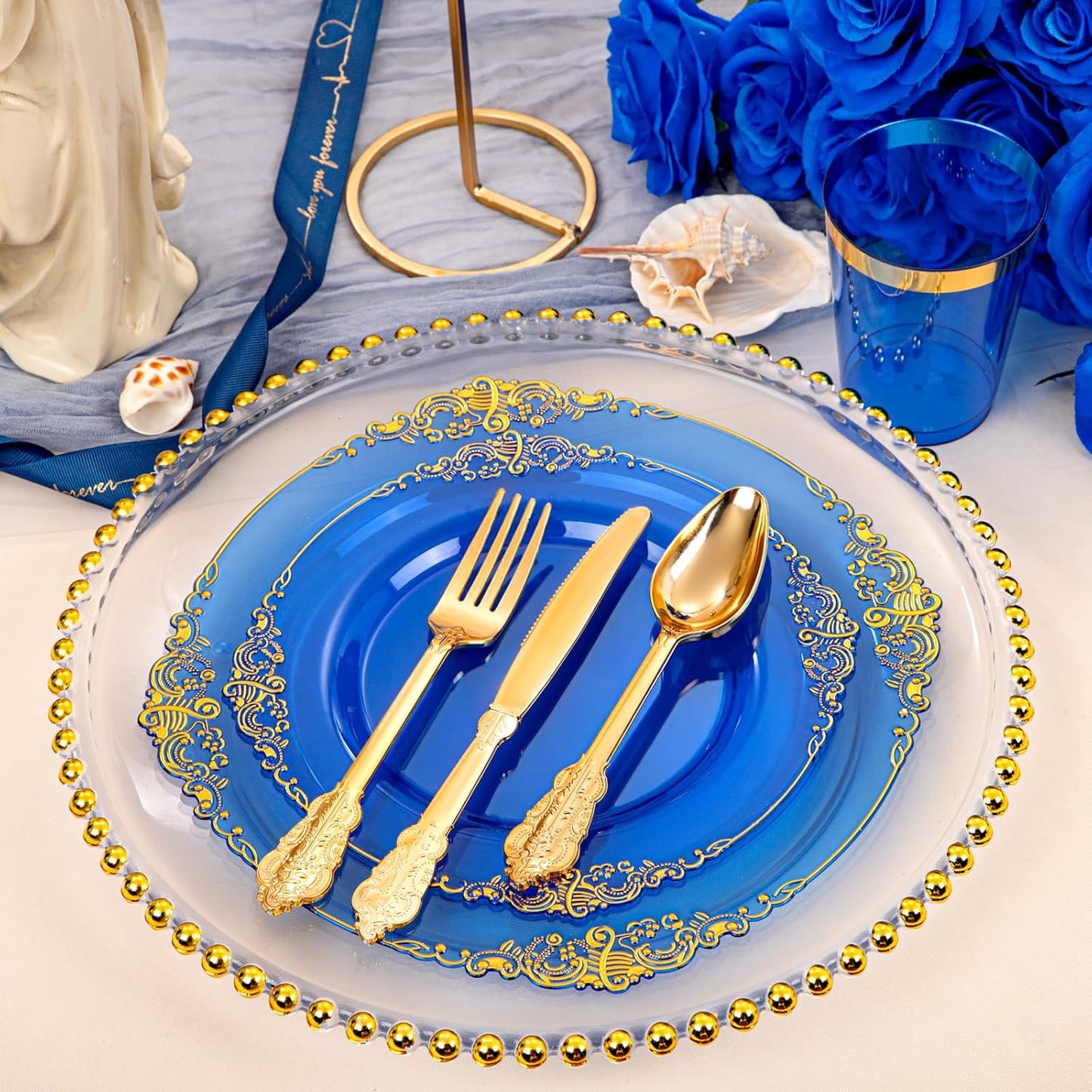 Hioasis 210pcs Blue and Gold Plastic Plates - Elegant Disposable Dinnerware Set Suitable for 30 Guests Include 10.25" Dinner & 7.5" Dessert Plates, Pre Rolled Silverware Set, Cups for Party & Wedding