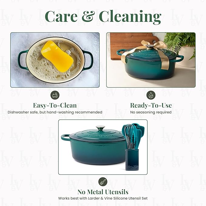 Larder & Vine Enameled Cast Iron 8 qt Dutch Oven Pot with Lid | Bread Baking | Compatible on All Cooktops & Oven Safe to 500° F | Great for Sourdough Bread | Bondi