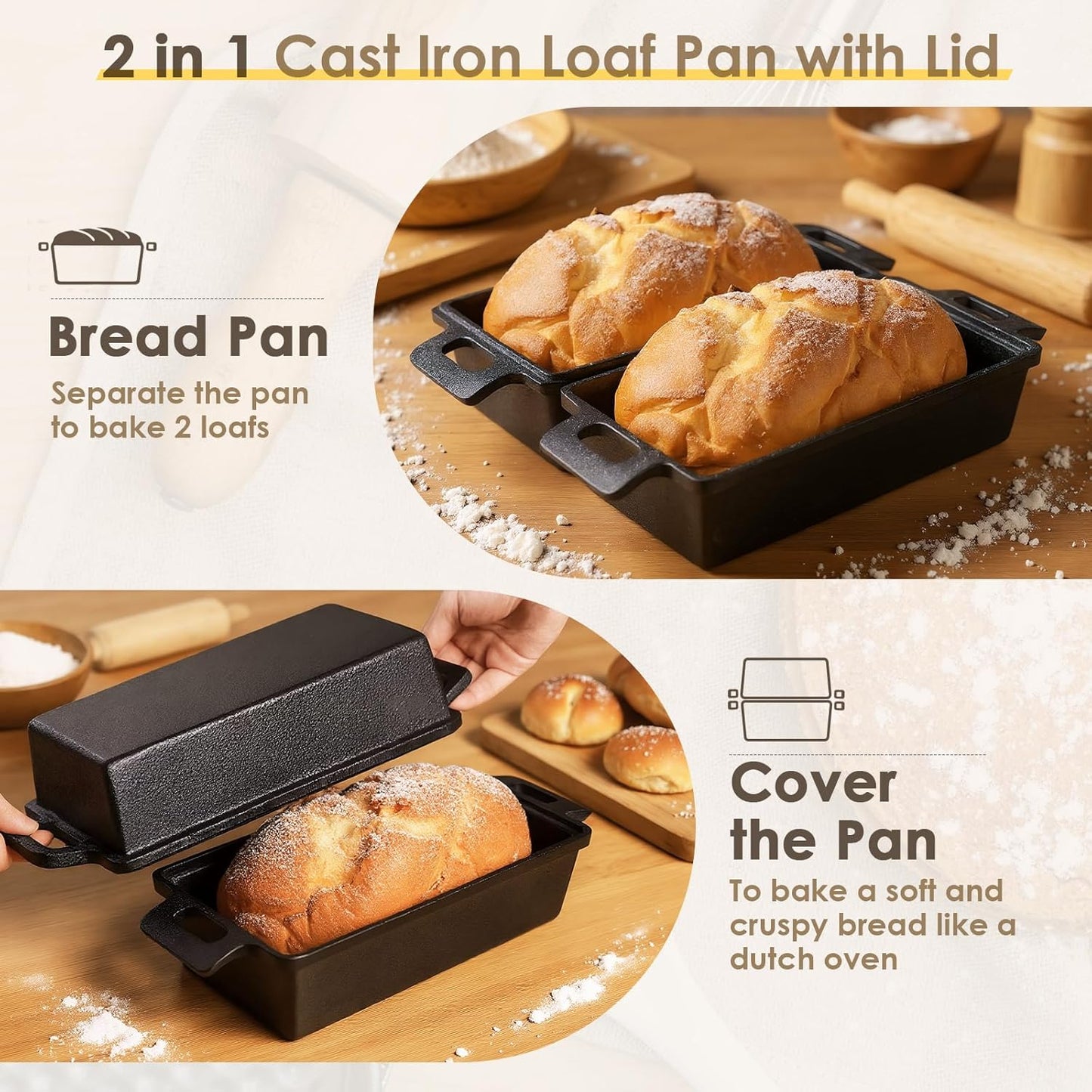 2 in 1 Cast Iron Loaf Pan with Lid, 9×5 Inch Bread Baking Pans for Homemade Bread, Pre-Seasoned Loaf Pan Bread Pan with Sourdough Bread Baking Supplies for Bread Baking, Meatloaf (2 Piece Set)