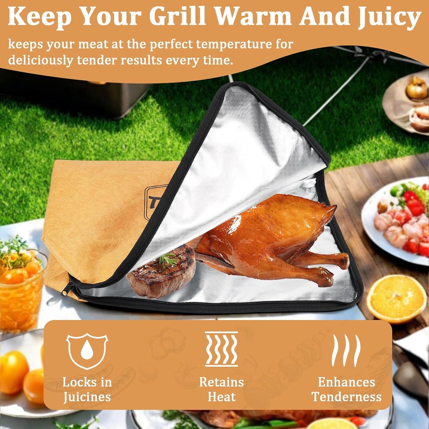 BBQ Blanket for Resting Meat & BBQ Meat Blanket｜21-Inch Wide-Mouth Insulated Meat Resting Bag for Brisket, Pork Shoulder, Turkey & Beef, Leak-Proof, Easy-Clean, Foldable, Camping & Gift for Men