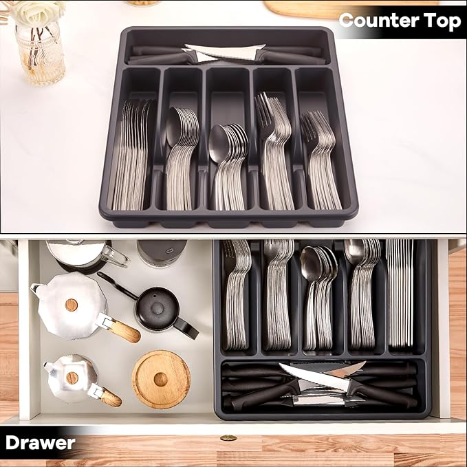 73-Piece Silverware Set with Organizer, Pleafind Stainless Steel Silverware Sets for 12, Cutlery Utensil Sets with Steak Knives, Include Forks Spoons Knives ＆ Silverware Organizer, Dishwasher Safe