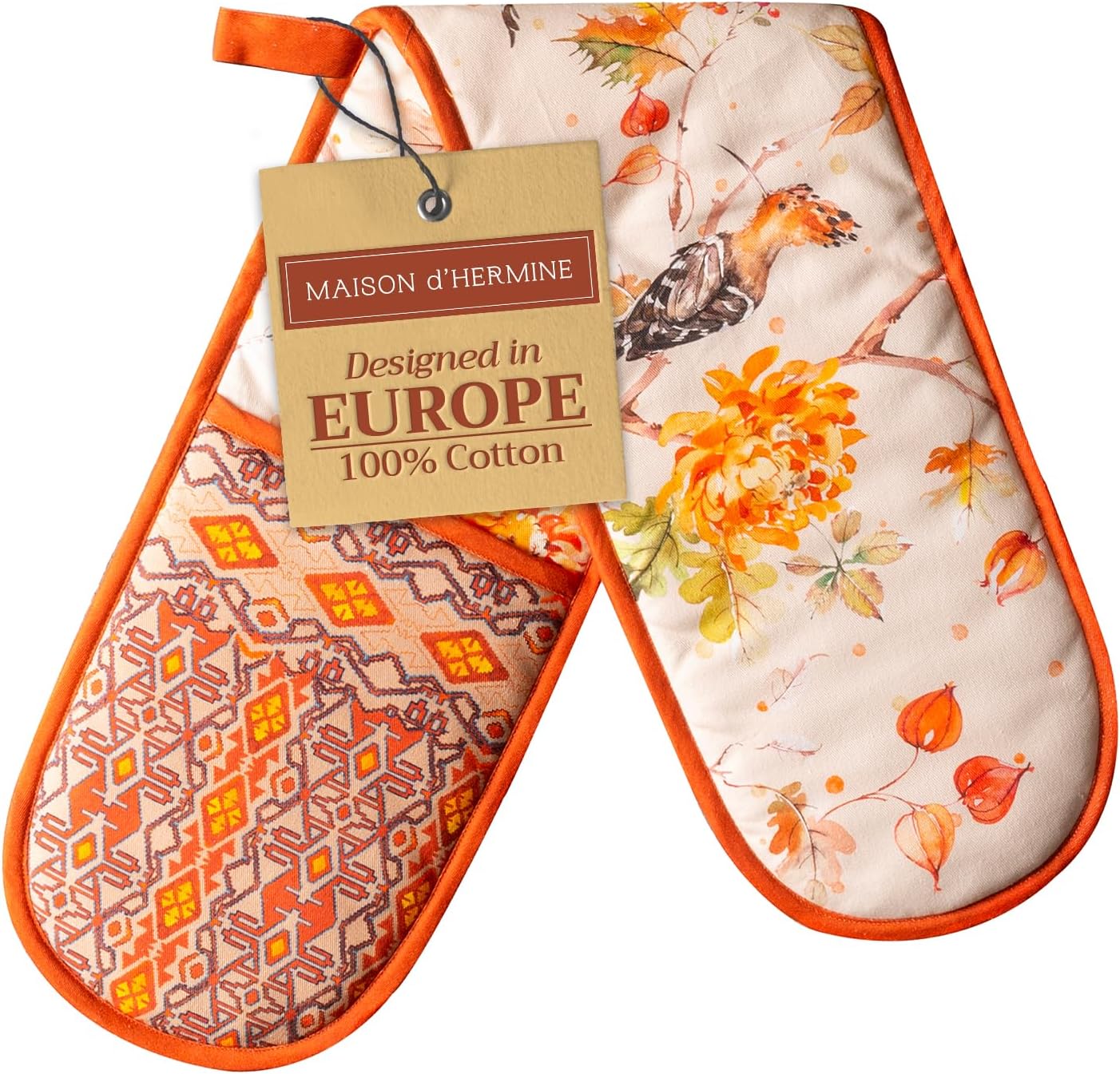 Maison d' Hermine Double Oven Mitt (7" x 35") 100% Cotton Heat Resistant BBQ Cooking Gloves with Loop for Thanksgiving Christmas Decorations Baking Cooking Barbeque Handling Hot Pan (Kelim - Prairie)