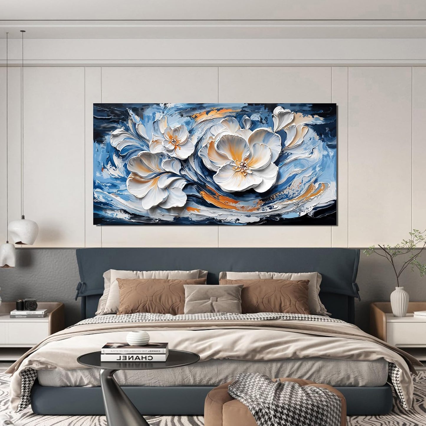 Large Canvas Wall Art Decor Wall Art Pictures for Living Room Abstract Canvas Art Wall Decor Blue White Wall Art Prints Modern Flower Wall Art Decorations Bederoom Office Home Decor 24" X 48"