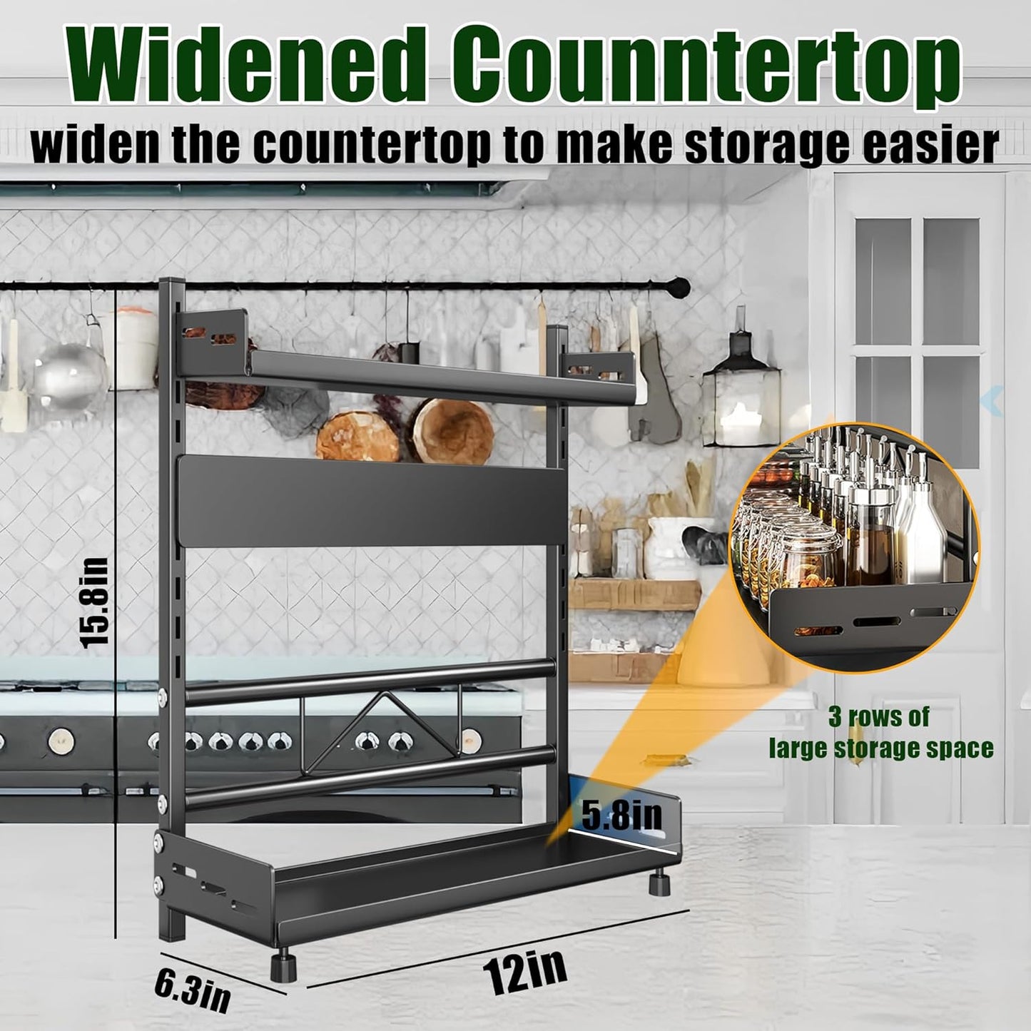 Spice Organization for Cabinet | 2 Tier Standing Height-Adjustable Spice Rack | Large Metal Rust-Proof Seasoning Organizer | Kitchen Storage Organization Shelf for Pantry Bathroom (2-30CM Black)