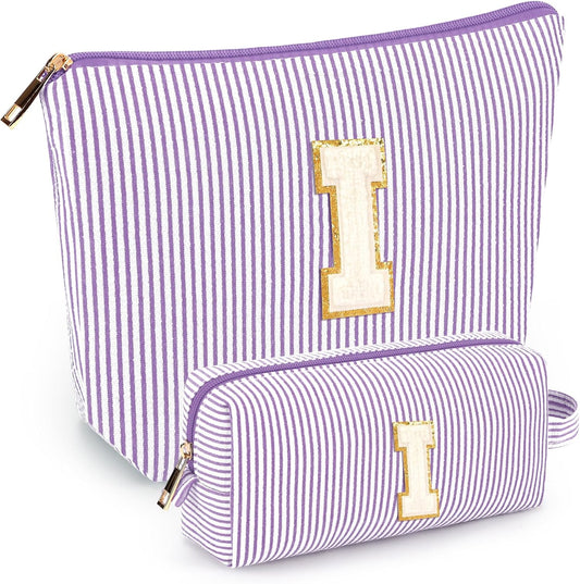 2 PCS Initial Makeup Bags for Women: Cosmetic Bag for Travel Toiletry - Birthday Gifts for 11 12 13 14 15 16 17 18 Years Old Girl Graduation Teacher Gift- Teen Girl Gifts Trendy Stuff - Purple I