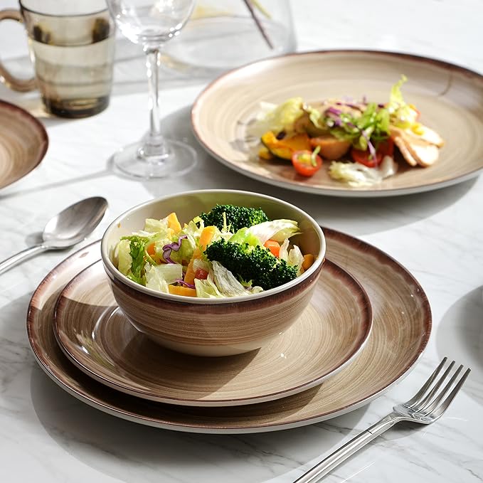 Melamine Dinnerware Sets, Dinnerware Sets for 4, 12Pcs Plates And Bowls Sets, Lightweight and Unbreakable Dish Set for Camping, Picnic,RV, Dishwasher Safe,BPA Free（Brown）