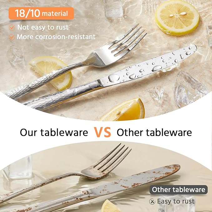 Kingstone Hammered Silverware Set, 60-Piece Flatware Set for 12, 18/10 Stainless Steel Heavy Duty Cutlery Set, Mirror Polished Utensil Sets for Home, Restaurant, wedding, Dishwasher Safe