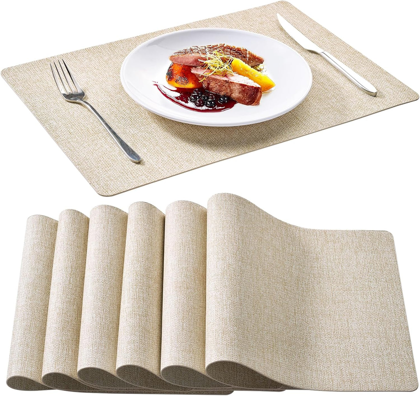 FOCUSLINE Faux Leather Placemats Set of 6, Beige Table Place Mats, Waterproof and Non-Slip Dining Table Mats for Indoor & Outdoor Use
