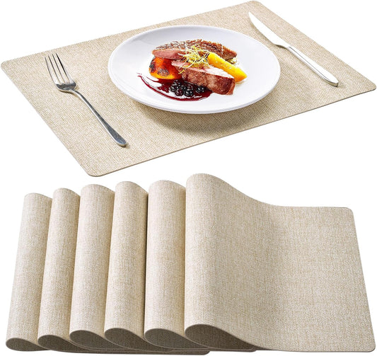 FOCUSLINE Faux Leather Placemats Set of 6, Beige Table Place Mats, Waterproof and Non-Slip Dining Table Mats for Indoor & Outdoor Use