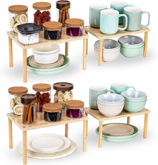 Wood Cabinet Organizer Shelf, Set of 4 Kitchen Counter Shelves, Stackable Spice Organization for Cabinet, Pantry Cupboard Dish Mug Cup Storage Shelf