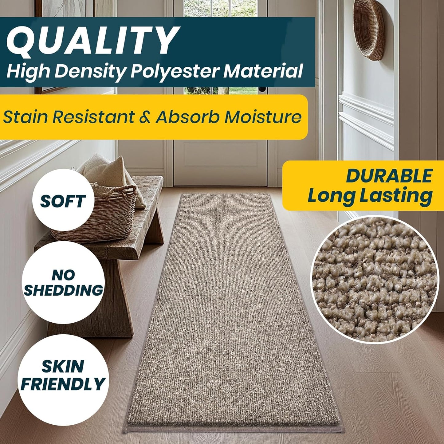 Washable Kitchen Rug 24" x 82" / 60cm x 210cm, Non Slip Kitchen Mat for Floor, Absorbent Indoor Entryway Runner Rug for Hallway, Laundry, Bathroom, Bedroom (Roll Packing)