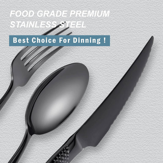 Runfly 20 Piece Hammered Black Silverware Set, 18/10 Stainless Steel Flatware Set, Modern Kitchen Utensil Set Service for 4, Tableware Set, Cutlery Set Including Fork Spoon and Knife