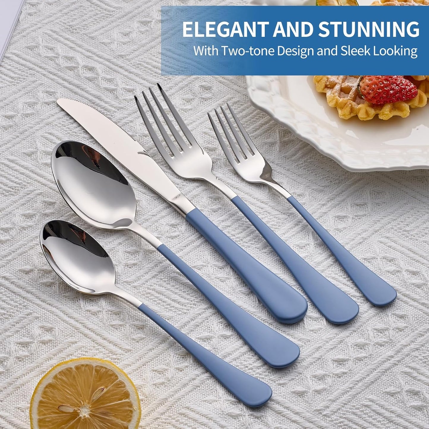 20-Piece Grey Blue Silverware Set, 18/0 Stainless Steel Grey Blue Handle Flatware Set, Service for 4,Modern Cutlery Set Includes Dinner Knives Forks Spoons,Mirror Polished,Dishwasher Safe