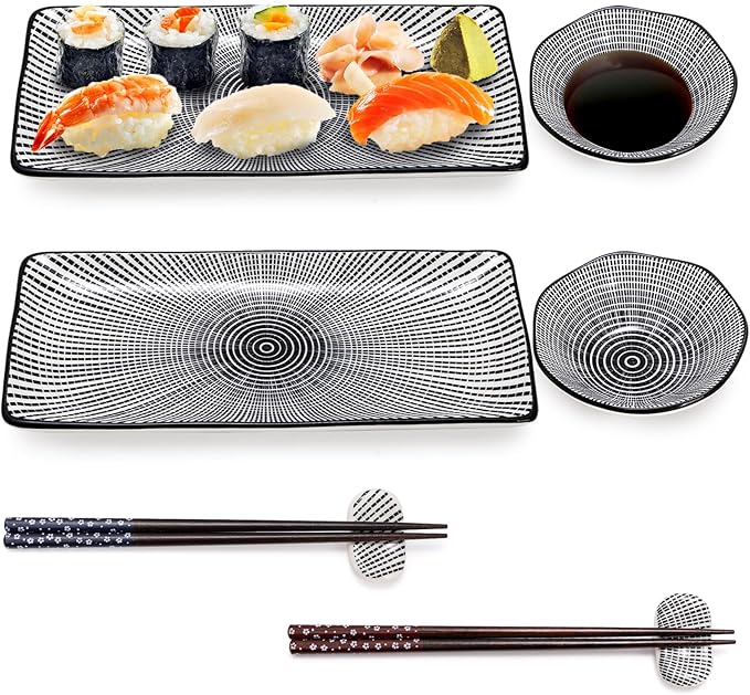 8 Pcs Sushi Plate Set, Ceramic Sushi Serving Set for 2, Japanese Sushi Dinnerware for Wedding Housewarming, Includes 2 Serving Dishes, 2 Sauce Bowls, 2 Pairs of Chopsticks, 2 Chopstick Holders