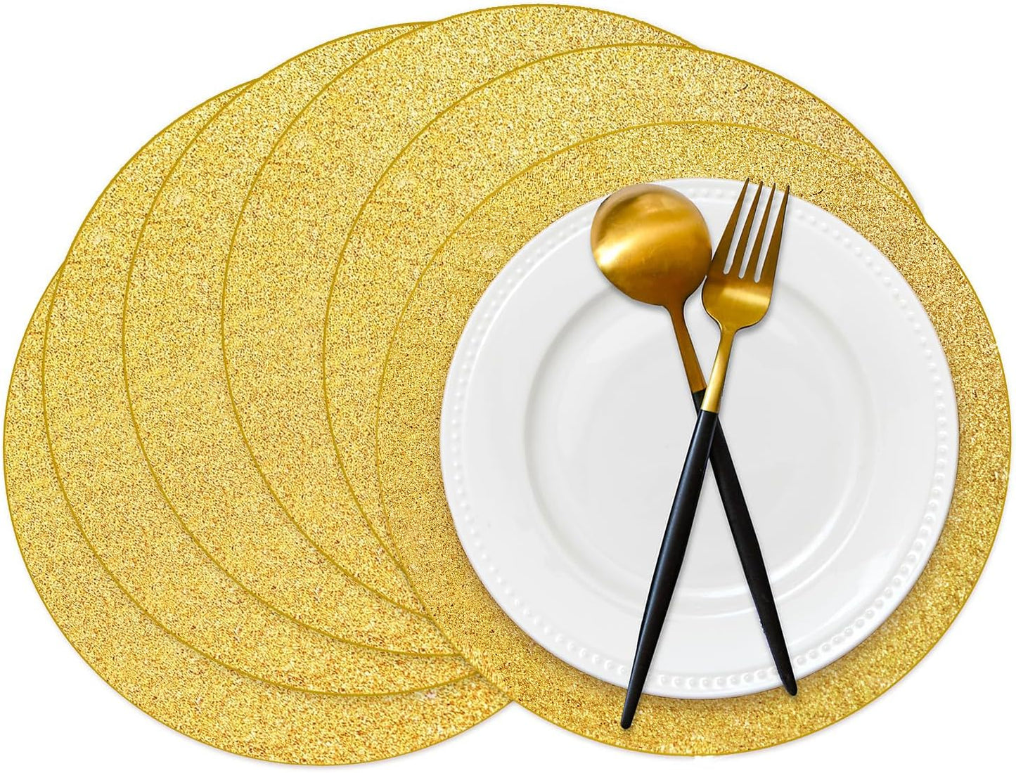 50 Pieces Gold Glitter Paper Place Mats Sparkle 14'' Round Disposable Table Mats Golden Sequin Doilies Decorative Placemats for Wedding Banquet Party Home Dining Tableware